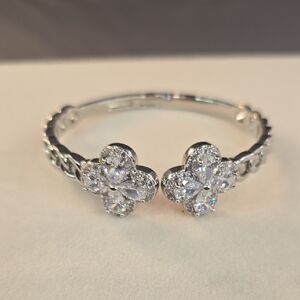 Elegant Icy Silver Good Filled Floral Women's Bangle 7.75" Open Front